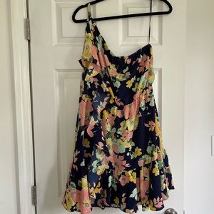 Kaari Blue Large One Shoulder Floral Blue Dress Lined